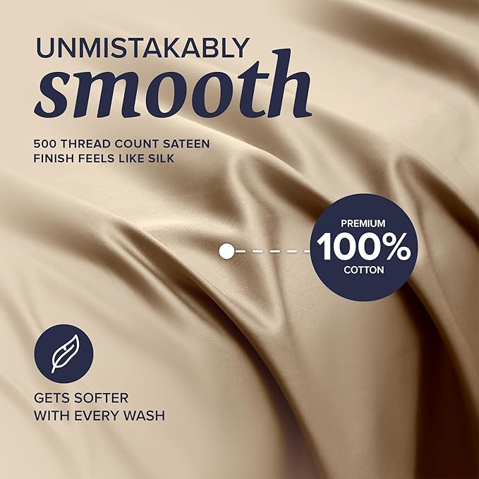 Beckham Hotel Collection Full Sheet Set 100% Cotton, 500TC Luxury Sateen Bedding, 16” Deep Pocket, Moisture-Wicking, 4-Piece, Sand