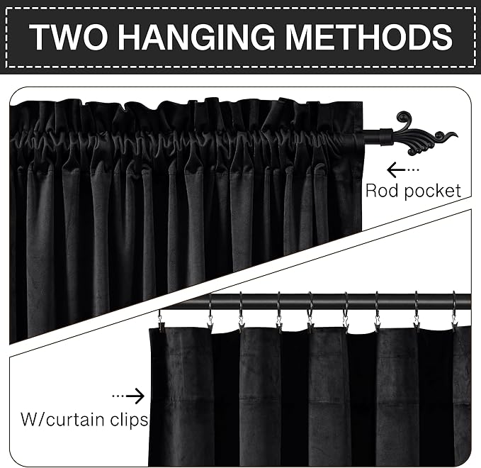 StangH Black Velvet Curtains - Premium Blackout Drapes for Bedroom, Heavy Soft Curtains with Light Blocking, Classic Black Home Decor, W52 x L100, 2 Panels