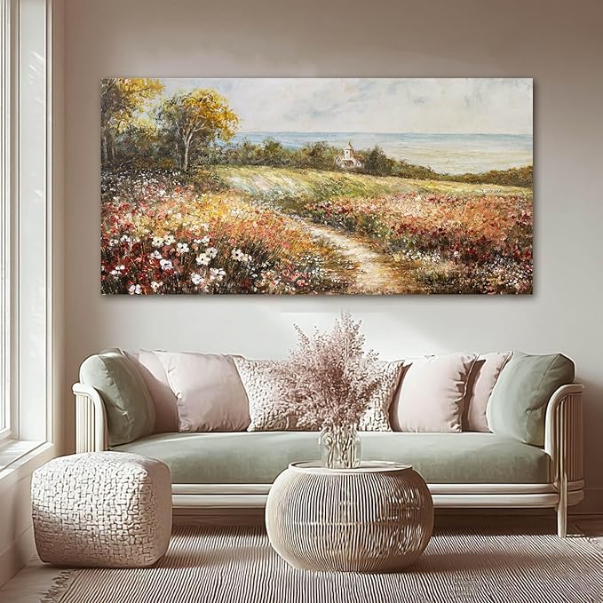 YETHEN WAL Floral Wildflower Meadow Wall Art – Countryside Cottage Landscape Canvas Print, Rustic Farmhouse Coastal Décor for Hallway Living Room Bedroom, 20×40 Inch