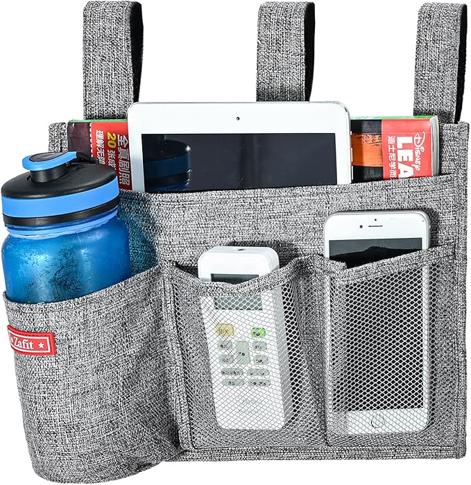 Zafit Linen Bedside Caddy, Bedside Storage Organizer for Hospital Beds, College Dorm Rooms or Baby Bed (4 Pockets-Grey)