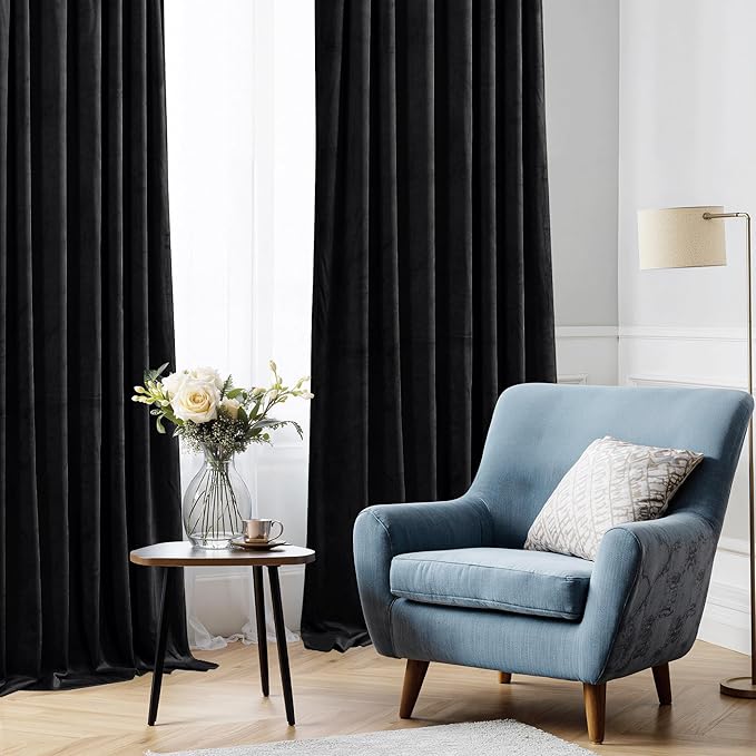 StangH Velvet Curtains 90 inches Long - Blackout Black Super Soft Rod Pocket Window Drapes Light Blocking Thermal Insulated Sliding Door Covering for Living Room, W52 x L90, 2 Panels