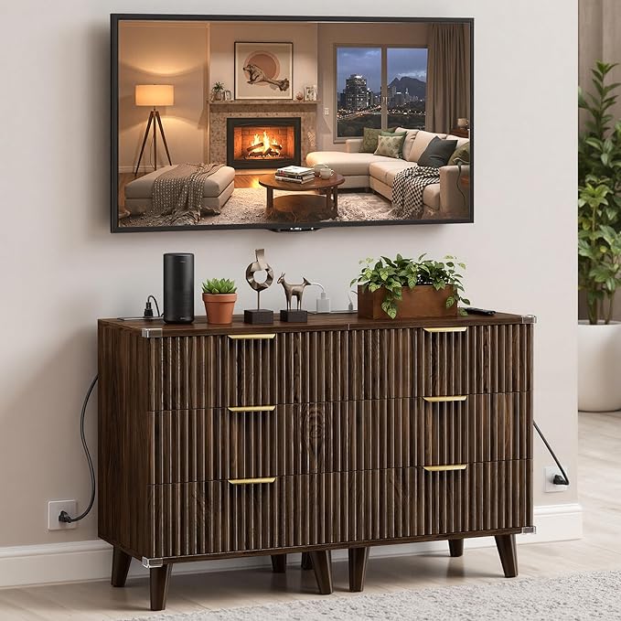 Fluted Nightstand with USB Charging Station, 3-Drawer Dresser Bedside Table with Soft Close Drawers & Large Storage, Modern Wood End Table for Bedroom