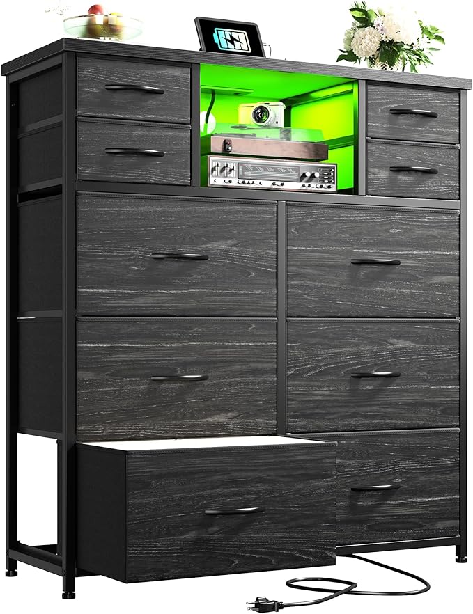 Dresser for Bedroom with 10 Drawers Featuring LED Light and Power Outlet, Fabric Dressers & Chest of Drawers with Open Shelves for Hallway, Living Room, Metal Frame,Wood Top,Grain Black