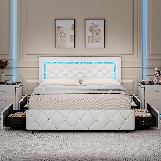 BarnFurin Full Size Bed Frame with LED Lights, Upholstered Bed Frame with Storage Drawers, Modern Platform Bed with Diamond Headboard and Footboard, No Box Spring Needed, White
