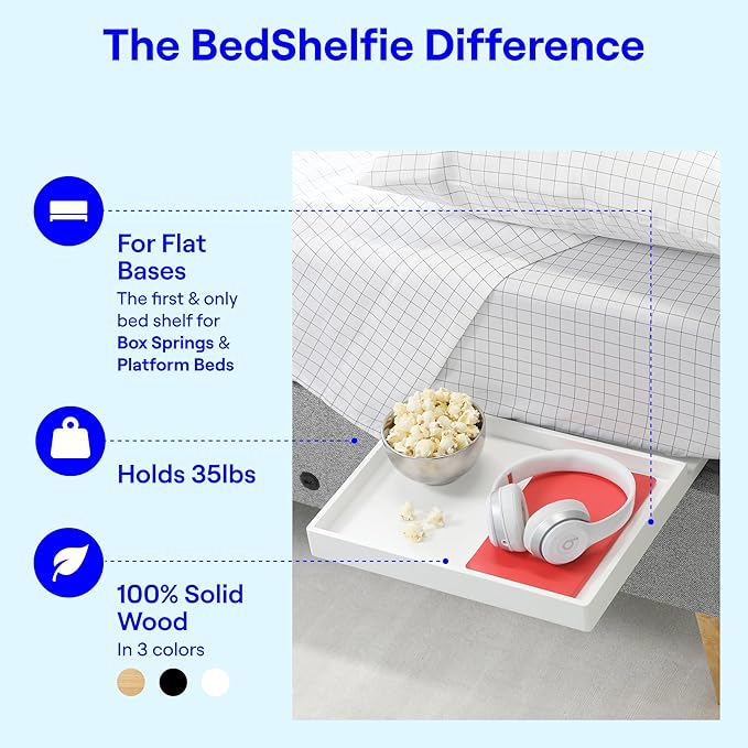 BedShelfie Bedside Shelf for Dorm Room Bunk Bed & Top Bunk, College Dorm Room Essentials, Bedside Caddy, Clip on Floating Desk Tray, Bed Side Table Storage, Loft Nightstand Decor- White Wood Slide