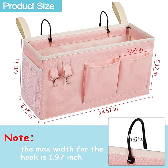 Loghot Bedside Caddy/Bedside Storage Bag Hanging Organizer for Bunk and Hospital Beds,Dorm Rooms Bed Rails,Can be Placed Glasses,Books,Mobile Phones,Keys (2pc Pink)