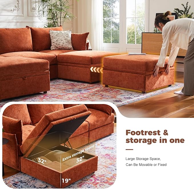 ABCASA 102.6" Modular Sectional Sofa, L Shaped Couch Set for Living Room, 3-Seater Comfy Cloud Couches with Movable Storage Ottoman,DIY Combination - Chenille Terracotta Orange
