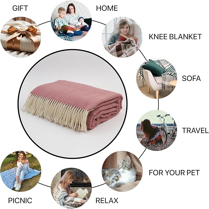 | Wool Blanket/Throw | 100% New Zealand Wool | Perfect for Home and Outdoors | Virgin Wool Throw with Fringes 75"x87" (190 x 220 cm)