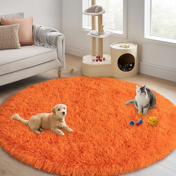 Round Orange Rug for Bedroom, 6 ft Circle Area Rugs for Living Room, Soft Fluffy Shag Carpet for Teen Girls Boys Nursery Room Dorm Home Decor Aesthetic