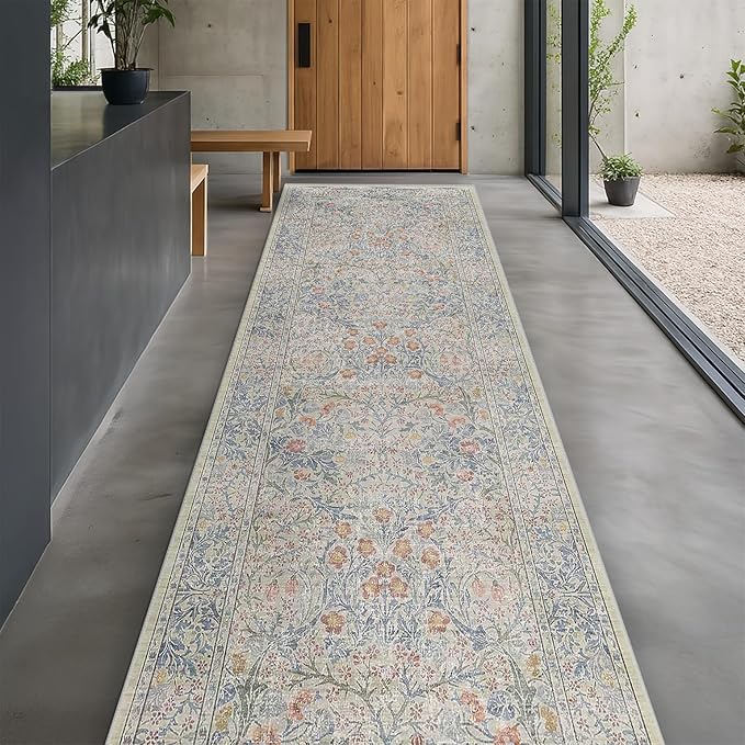 Boho 3x16 Wide Hallway Runner - Beige Blue and Purple, Washable Low Pile Non Slip Stain Resistant 16ft Runner Rug for Long Kitchen, Hall Way, Floral Forest Decor