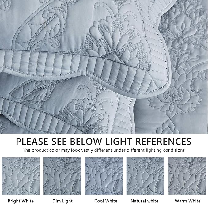 CHIXIN Bedspread Coverlet Quilt Set Full Size - Lightweight Bedding Cover - Beautiful Stitching - 5 Piece Reversible Bedspread - Gorgeous Damask Paisley Pattern (Full, Light Grey)
