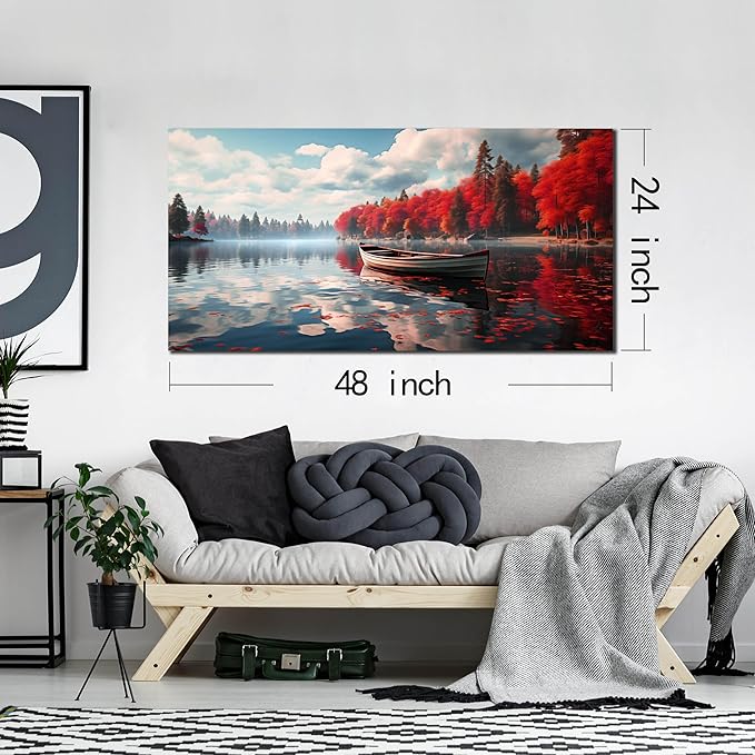 Large Wall Art for Living Room Bedroom Office Red Forest Wall Art Lake Landscape Pictures Modern Artwork Framed Canvas Prints 24x48 Inch