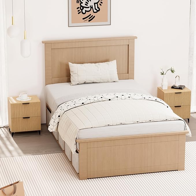 Royal Windsor Small Fluted Nightstand Set of 2 with 2 Drawers, Side End Table, Small Accent Storage Cabinet,Modern Night Stand Bedside Table for Bedroom Full Size Bed,Natural Oak