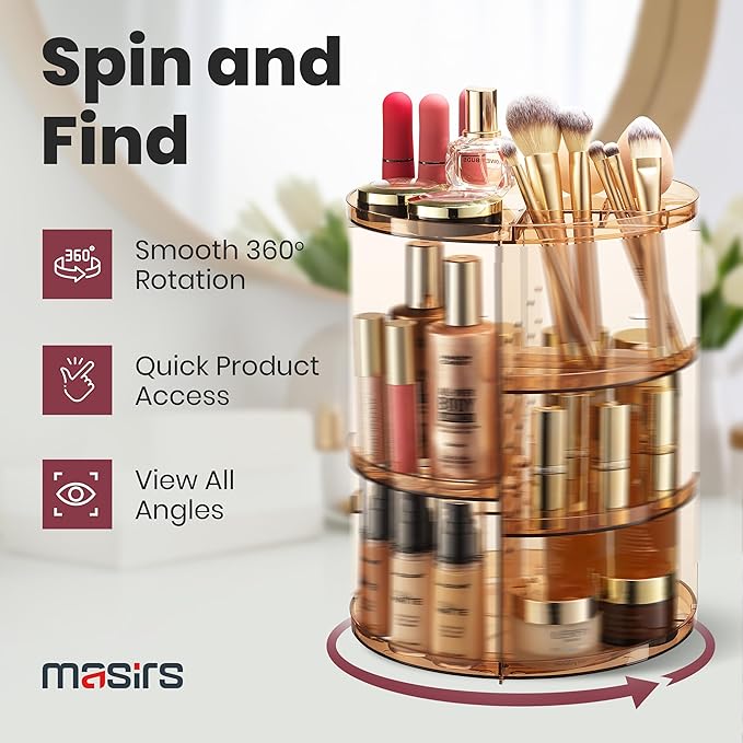 Masirs 360 Rotating Makeup Organizer - Adjustable Shelf Height and Fully Rotatable - The Perfect Round Spinning Cosmetic Organizer for Bedroom Dresser or Vanity Countertop Storage (Brown)