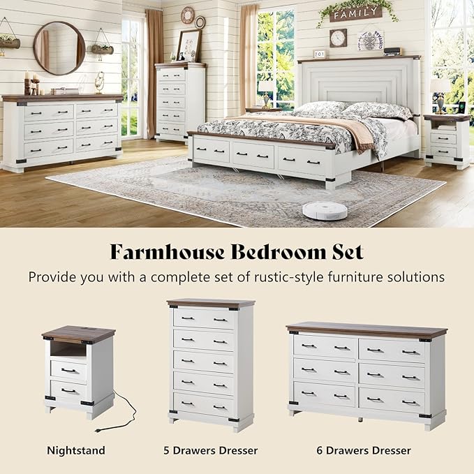 AMERLIFE Farmhouse Nightstand with Charging Station, 18" Wood Rustic Night Stand with 2 Storage Drawers, Heavy Duty Bedside Sofa Side End Tables for Bedroom, Living Room, Antique White