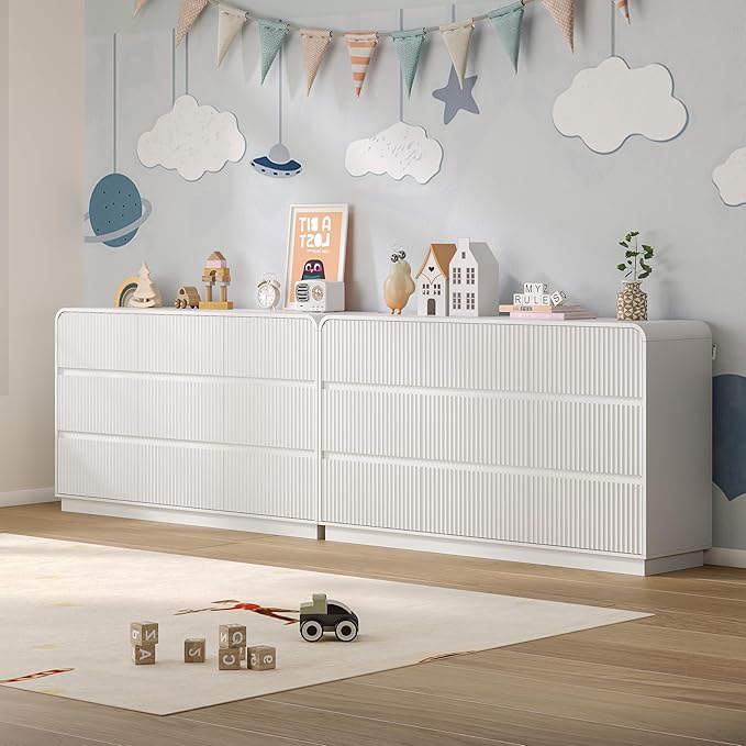 Dresser for Bedroom with 9 Drawers, Fluted Chest of Drawers with Round Curved Corner, Hidden Handles, Modern Wood Storage Organizer for Bedroom, Nursery, Living Room