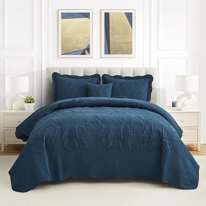 CHIXIN Bedspread Coverlet Quilt Set Full Size - Lightweight Bedding Cover - Beautiful Stitching - 5 Piece Reversible Bedspread - Gorgeous Damask Paisley Pattern (Full, Navy)