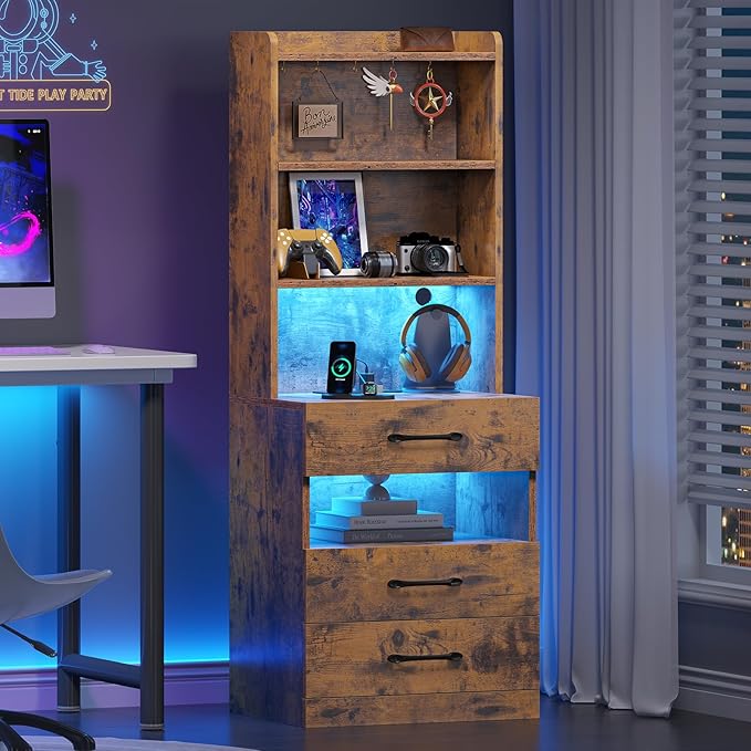 VIAGDO Tall Nightstand with Charging Station and LED Lights, Rustic Brown Night Stand with Bookshelf, Modern LED Bedside Table with 3 Drawers and Storage Shelves, End Side Table for Bedrooms, Dorms