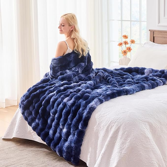 BENVWE Fluffy Faux Fur Throw Blanket for Couch, Soft Plush Thick Cozy Fuzzy Luxury Minky Bubble Blanket for Home Living Room Decor Gift for Women, Tie-dye Blue, 51" x 63", 1100GSM