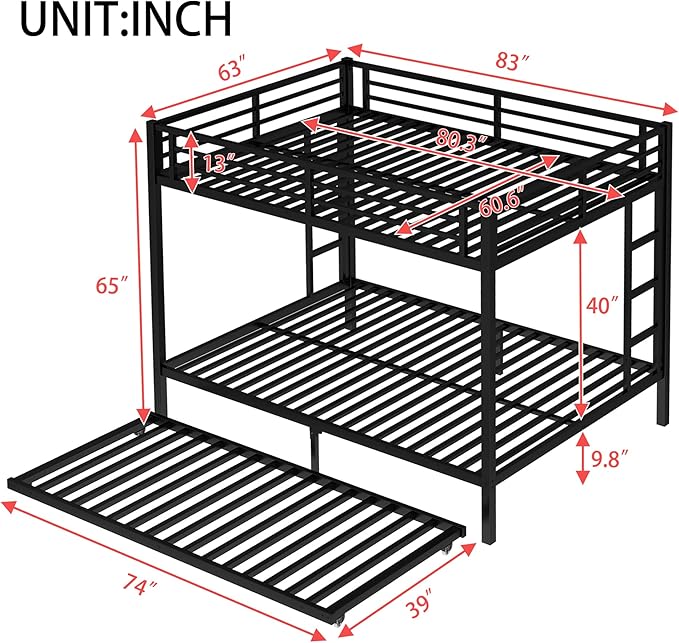 Upgraded Version Thicken Heavy Duty Metal Queen Bunk Bed with Twin Size Trundle, Modern Style Stronger Bunk Bed Frame for Adults, Easy Assembly (Queen Over Queen)