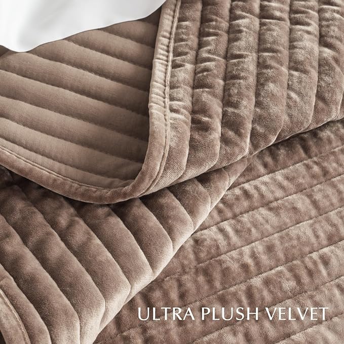EVERGRACE Velvet Quilt Set California King 118'' x 106'', Luxurious Soft Striped Channel Bedding Set, Lightweight Velvet Comforter for All Season, Oversized Bedspread Coverlet w/ 2 Shams, Mocha Brown