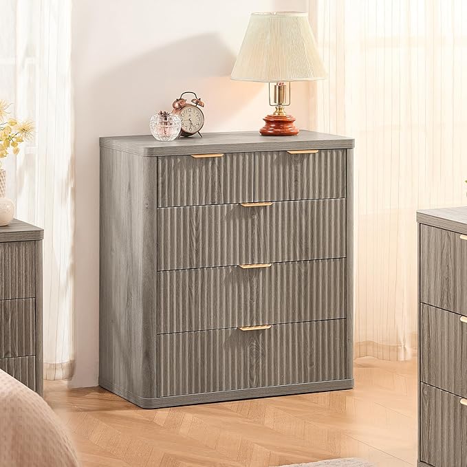 LEYAOYAO Fluted 5 Drawers Dresser for Bedroom Set of 2, 34" Tall Modern Chest of Drawers with Metal Handle, Curved Profile Design,Grey Wood Drawer Organizer for Bedroom, Living Room, Hallway