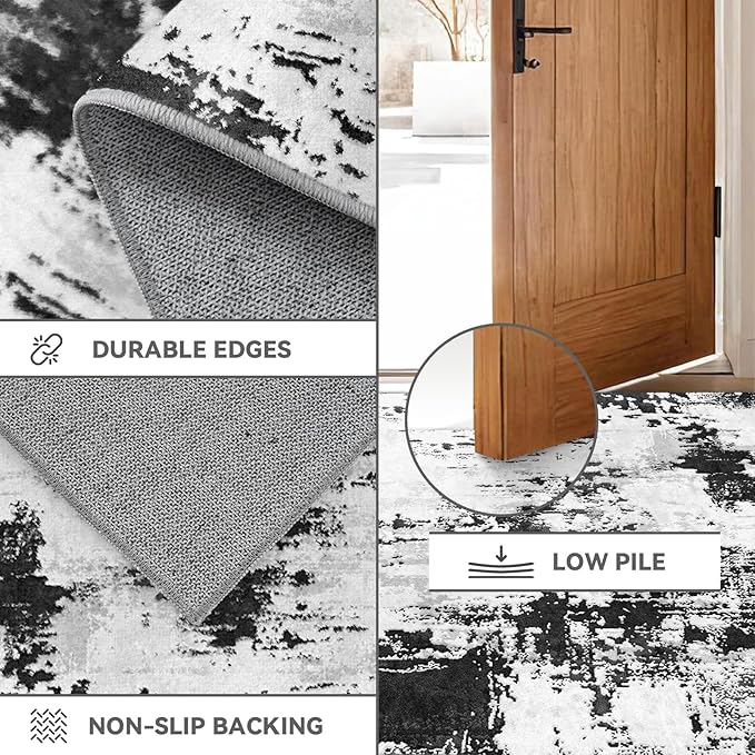 Machine Washable Runner Rug 2x6: Non Slip Hallway Rug Low Pile Kitchen Runner Soft Abstract Rug with Rubber Backing for Entryway Bedroom Bathroom Farmhouse Laundry Living Room Black White 2x6
