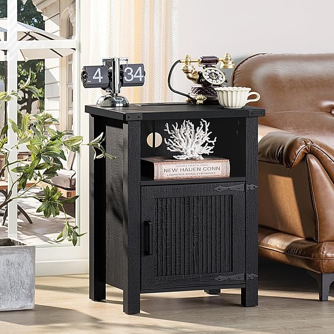 Joaxswe Night Stand Set of 2, 18 Inch Farmhouse Nightstand with with Charging Station and USB Port, Rustic Couch End Table with Magnetic Door, Wood Bed Side Tables for Bedroom, Home, Black