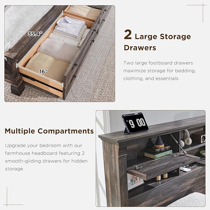 Farmhouse King Size Bed Frame with 54" Tall Headboard, Headboard with 4 Storage Rack, 2 Drawers, 18" Roman Column Decoration Footboard, Wood Platform Bed Frame, No Box Spring Needed(Dark Rustic Oak)