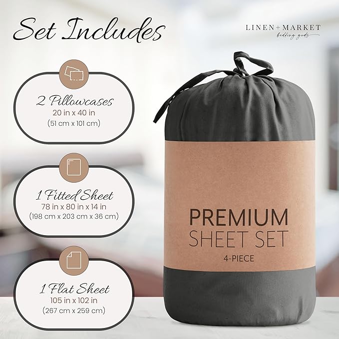 Linen Market Brushed Microfiber King Sheet Set 4 Piece – Oeko-TEX Certified Ultra Soft & Wrinkle-Free - 16" Deep Pocket Sheets - Easy Care King Size - Gray