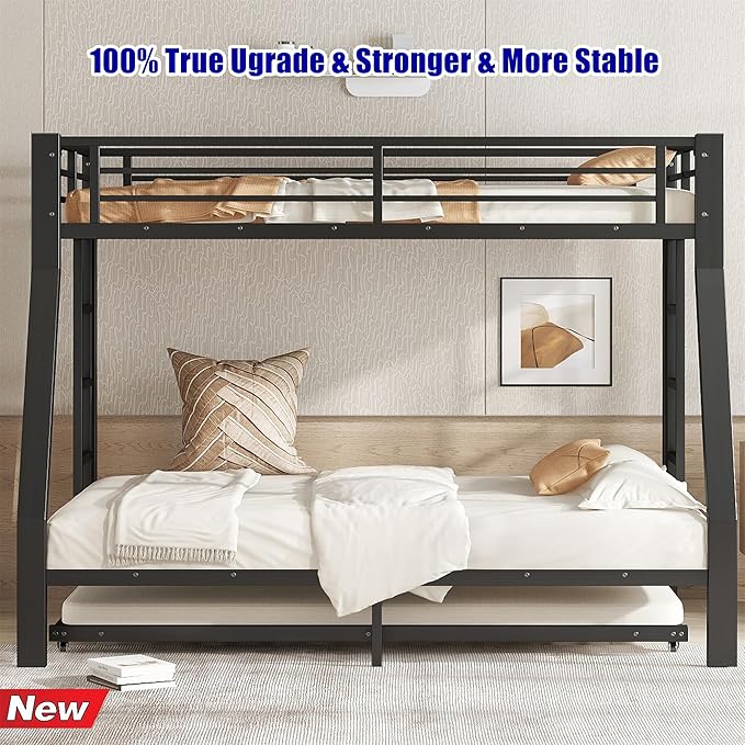 LUCALEO Stronger & Truly Reinforced Heavy Duty Metal Bunk Bed Twin Over Full Size Bunkbed, Thickened More Stable & Safer Steel Bunk Bed Frame with Twin Size Trundle (Greater Weight Capacity)