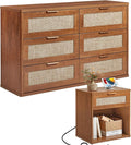 LEYAOYAO Rattan Dresser and Nightstand Set of 2, Boho Wood Dresser for Bedroom with 6 Drawers and Night Stand with Charging Station, Bedroom Furniture, Dressers & Chests of Drawers,Living Room,Hallway