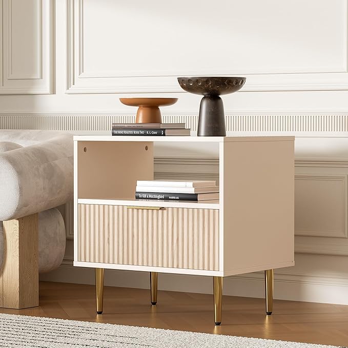 Nightstand with Drawer, End Table with Storage, Side Table with Open Space, Bed Side Table for Bedroom, Modern Nightstand with Golden Handle for Bedroom, Living Room, Oak