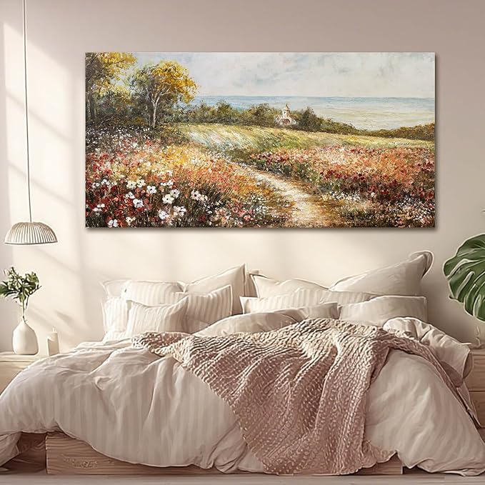 YETHEN WAL Floral Wildflower Meadow Wall Art – Countryside Cottage Landscape Canvas Print, Rustic Farmhouse Coastal Décor for Hallway Living Room Bedroom, 20×40 Inch