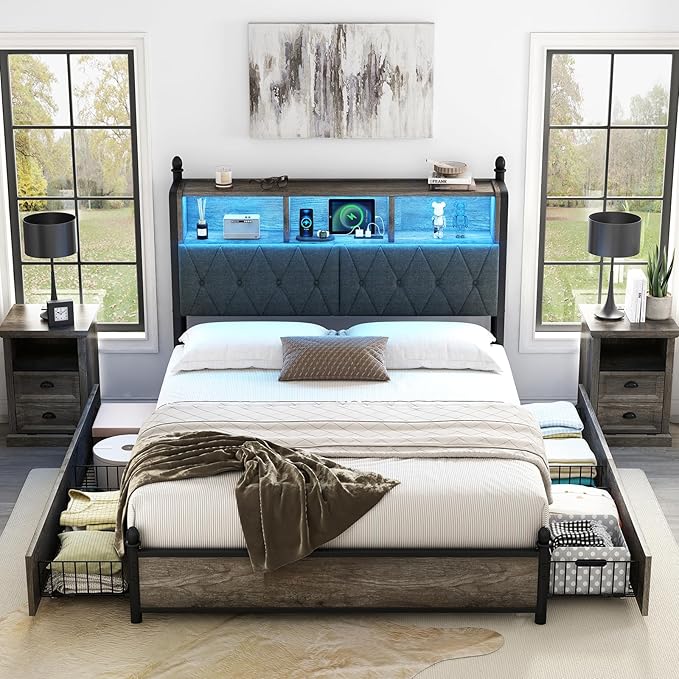 AMERLIFE Full Size Bed Frame with Bookcase Headboard and 4 Storage Drawers, Wooden Platform Bed with Charging Station and LED Light, No Box Spring Needed/Noise-Free, Gray