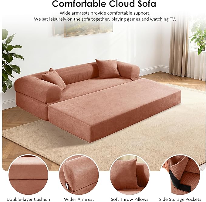 80" Convertible Sofa Bed, 3-in-1 Corduroy Folding Pull Out Couch with Pillows, No Assembly Modern Boneless Couch Compression Sofa in Box, Floor Sofa with Side Storage Pocket for Living Room,Pink