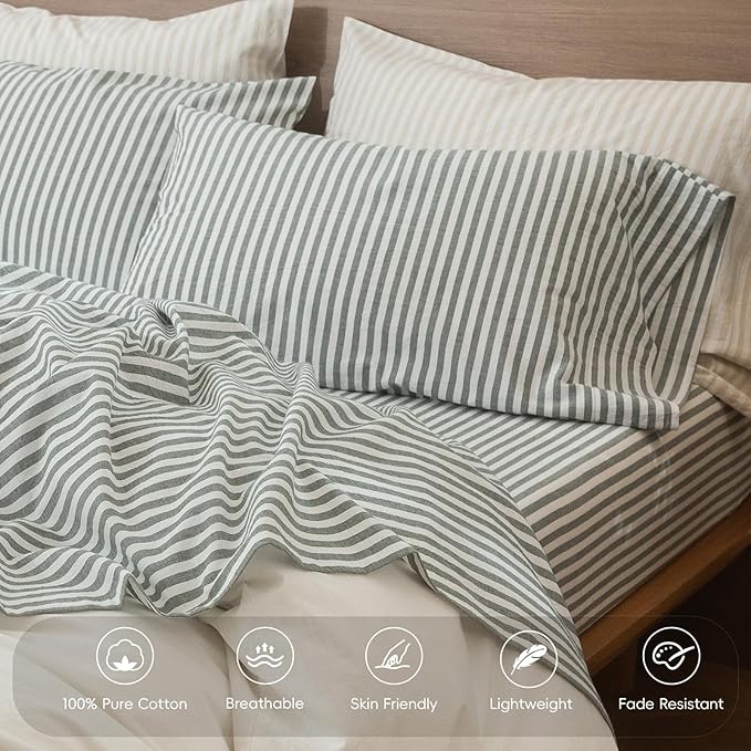 MooMee Striped Fitted Bottom Sheet Only 100% Washed Cotton Linen Like Textured Breathable Durable Soft Comfy Deep Pocket Fits Mattress up to 17" (Heathered Green Classic Stripes, Queen)