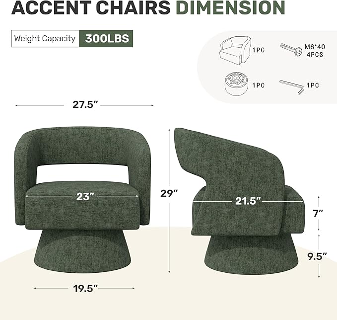 Swivel Accent Chair Set of 4, Modern Comfy Chenille Barrel Chairs, Oversized Upholstered Round Arm Chair for Living Room, Bedroom, Reading Room, Green