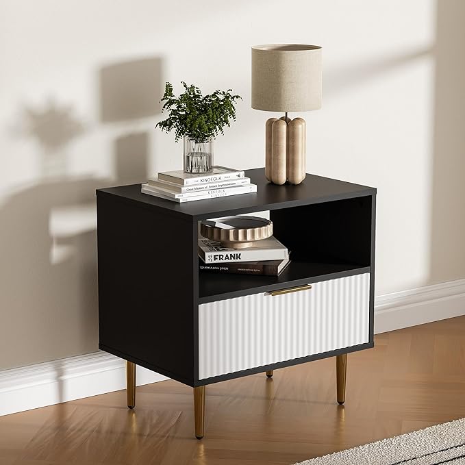 Nightstand Set of 2, Modern Nightstand with Drawer, End Table with Storage, Bed Side Table with Open Space, Night Stande for Bedroom, Side Table for Bedroom, Living Room, Black & White