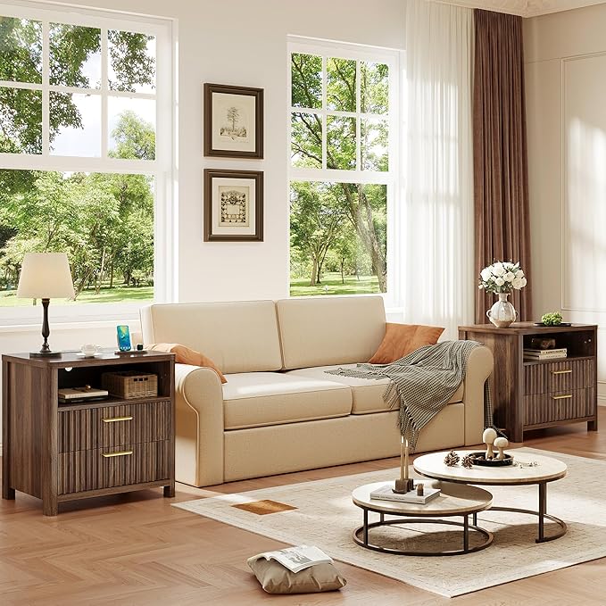 CypBed NightStand Set of 2 with Charging Station, Bedside Tables with 2 Drawers & Storage Shelf, Wood Fluted Nightstand with Rounded Corner Design, Modern End Table for Bedroom, Easy Assembly