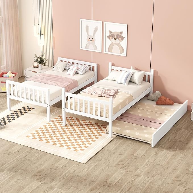 Bellemave Twin Over Twin Bunk Bed with Trundle,Convertible Bunk Beds with Ladder & Safety Guardrails,Twin Size Bunk Beds for Kids Girls Boys,White