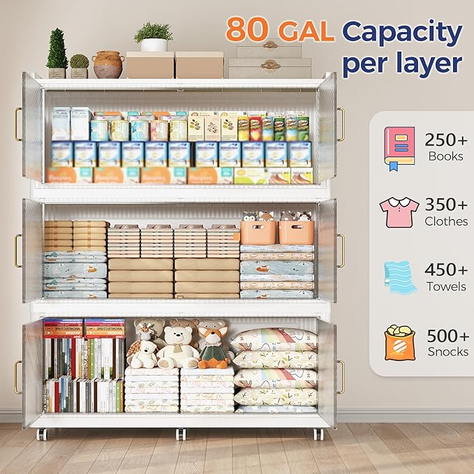 240GAL Extra Large Storage Bins with Lid, 960QT Collapsible Organizer with Wheels, Stackable Closet Cabinet with Doors, Folding Storage Containers for Home, Office, Kitchen, 3Pack White