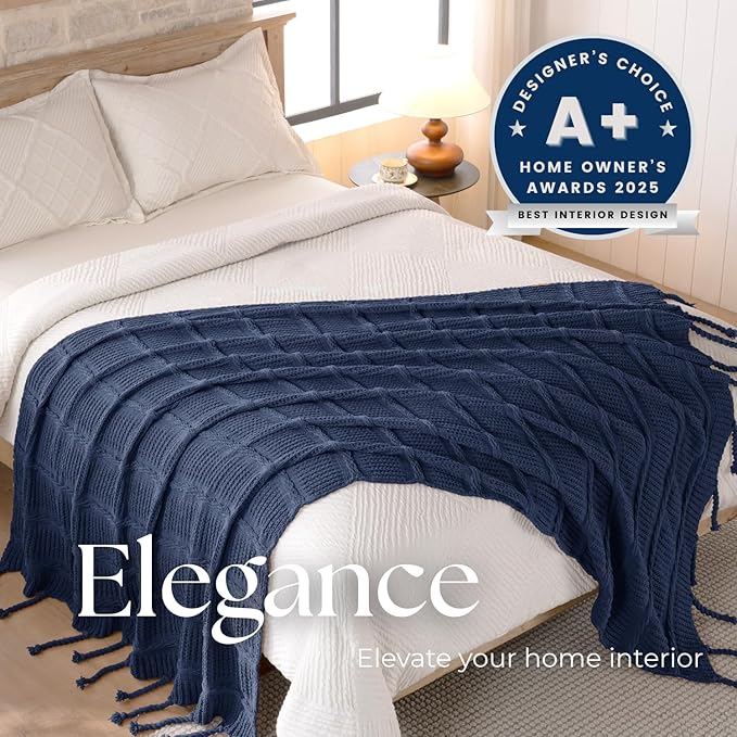 Boho Knitted Chenille Blanket with Tassels - Lightweight & Soft All-Season Throw - 3D Classic Pattern for Living Room Bedroom Couch, Royal Blue, Queen 90"x90"