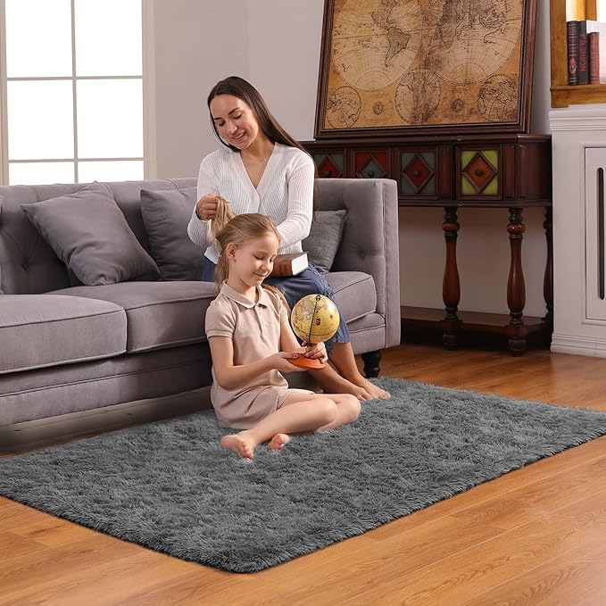Ophanie 3x5 Rug, Bedside Preppy Dorm Area Rug, College Essentials Non Slip Grey Small Carpets for Bedroom, Anti Slip Fluffy Gray Living Room Rugs Home Decor Aesthetic, Nursery