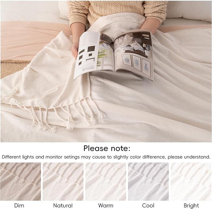 BATTILO HOME Off White Throw Blanket for Couch, Bed, Sofa - Soft Cozy Cream Chenille Throw with Fringe Tassels, Lightweight Farmhouse Knit Throw for Home Decor, 50"x60"