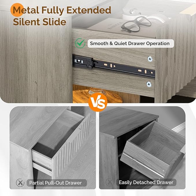 VINGLI Night Stands Set 2 with Charging Station, LED Nightstand Fluted with Rounded Edge, 19" W Mid Century Modern Nightstand for Bedroom, Fluted Night Stand/End Table/Bed Side Table, Grey