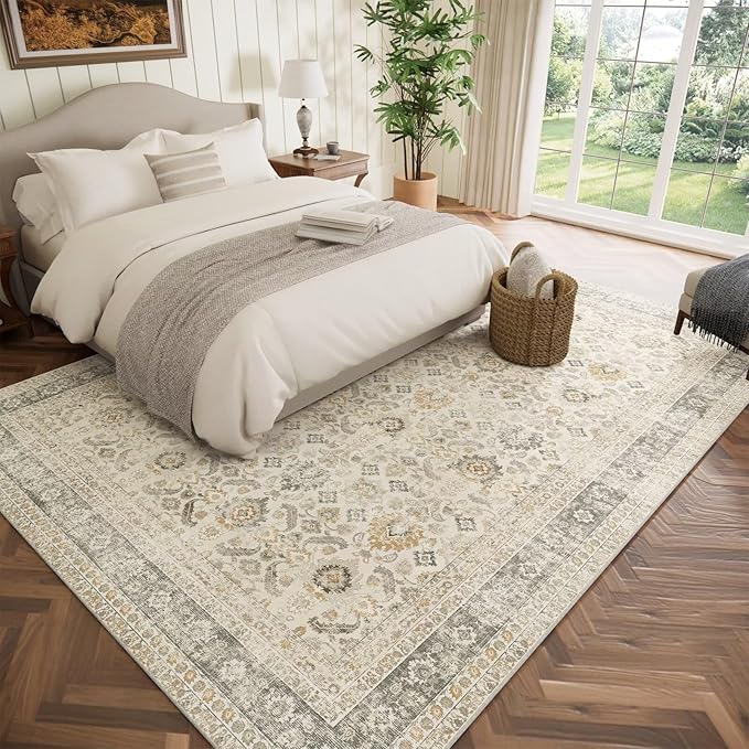 Washable 8x10 Area Rugs for Living Room, Boho Non-Slip Vintage Distress Large Rugs for Bedroom Dining Room Nursery Office, 0.3" Neutral Oriental Throw Thin Carpet, Grey/Beige/Orange/Multi
