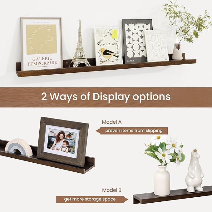 Picture Ledge Shelf, Floating Shelves Set of 2, 32 Inches Solid Wood Nursery Book Shelves for Toys Storage, Kids Bookshelf Wall Mounted for Living Room Bedroom Decor Books Photo Frames, Walnut