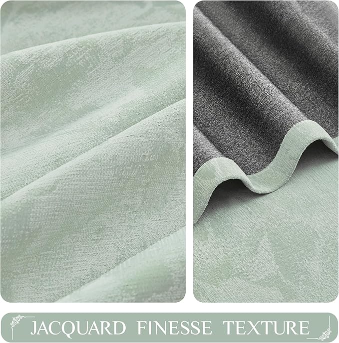 Beauoop Green Floral Jacquard Blackout Curtains 96 Inches Long 2 Panels for Bedroom Living Room Sage Flower Chenille Room Darkening Thermal Insulated Soundproof Grommet Window Treatments Drapes, 52x96