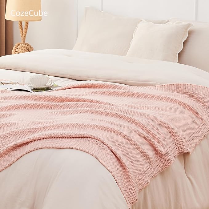 CozeCube Pink Throw Blanket for Couch, Soft Cozy Cable Knit Throw Blanket for Bed Sofa Living Room, Lightweight Warm Decorative Farmhouse Christmas Blanket, 60"x80", Pink